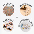 Travel-inspired wall decor set featuring photo frames, flags, wooden airplane icons, and sightseeing pins for world maps.