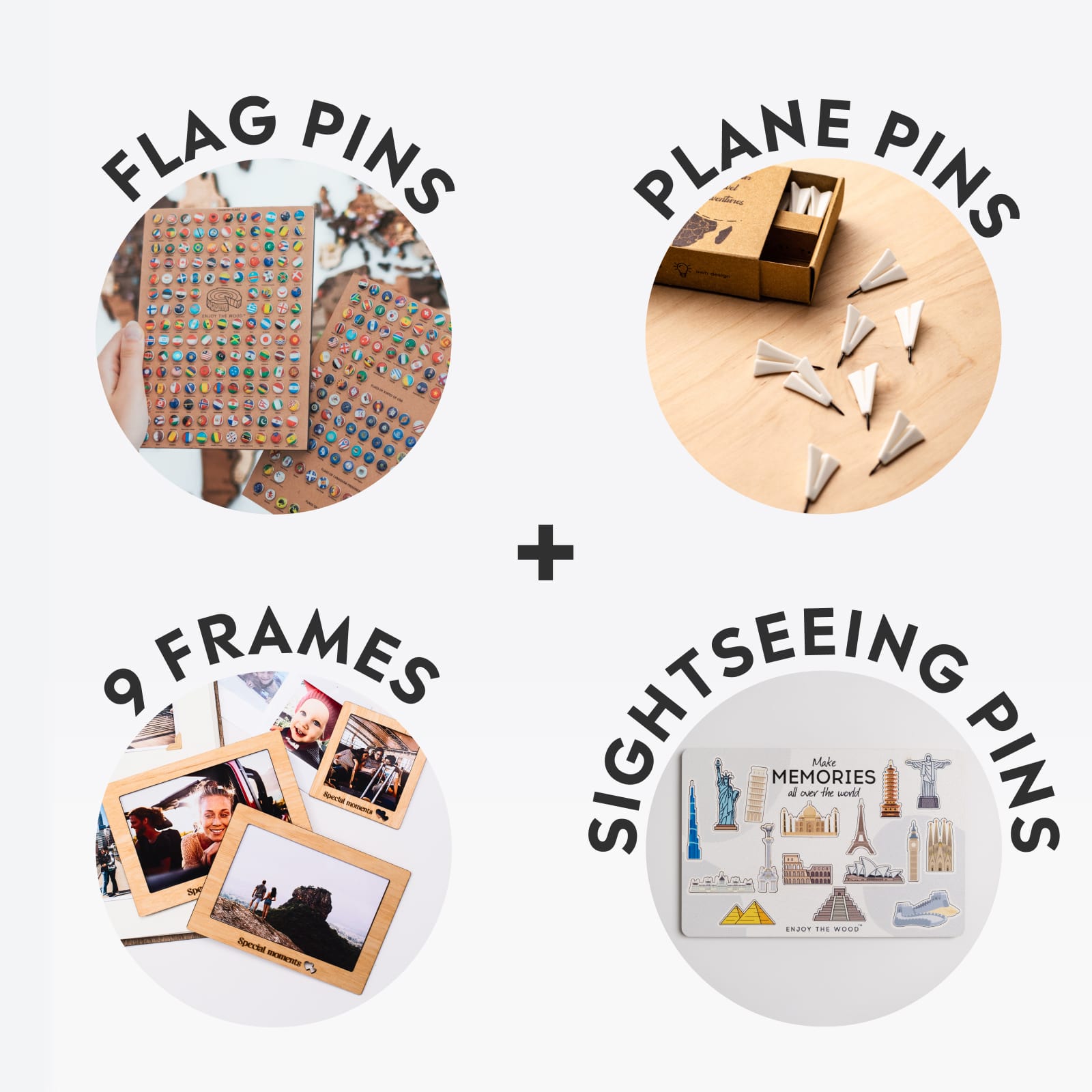 Travel-inspired wall decor set featuring photo frames, flags, wooden airplane icons, and sightseeing pins for world maps.