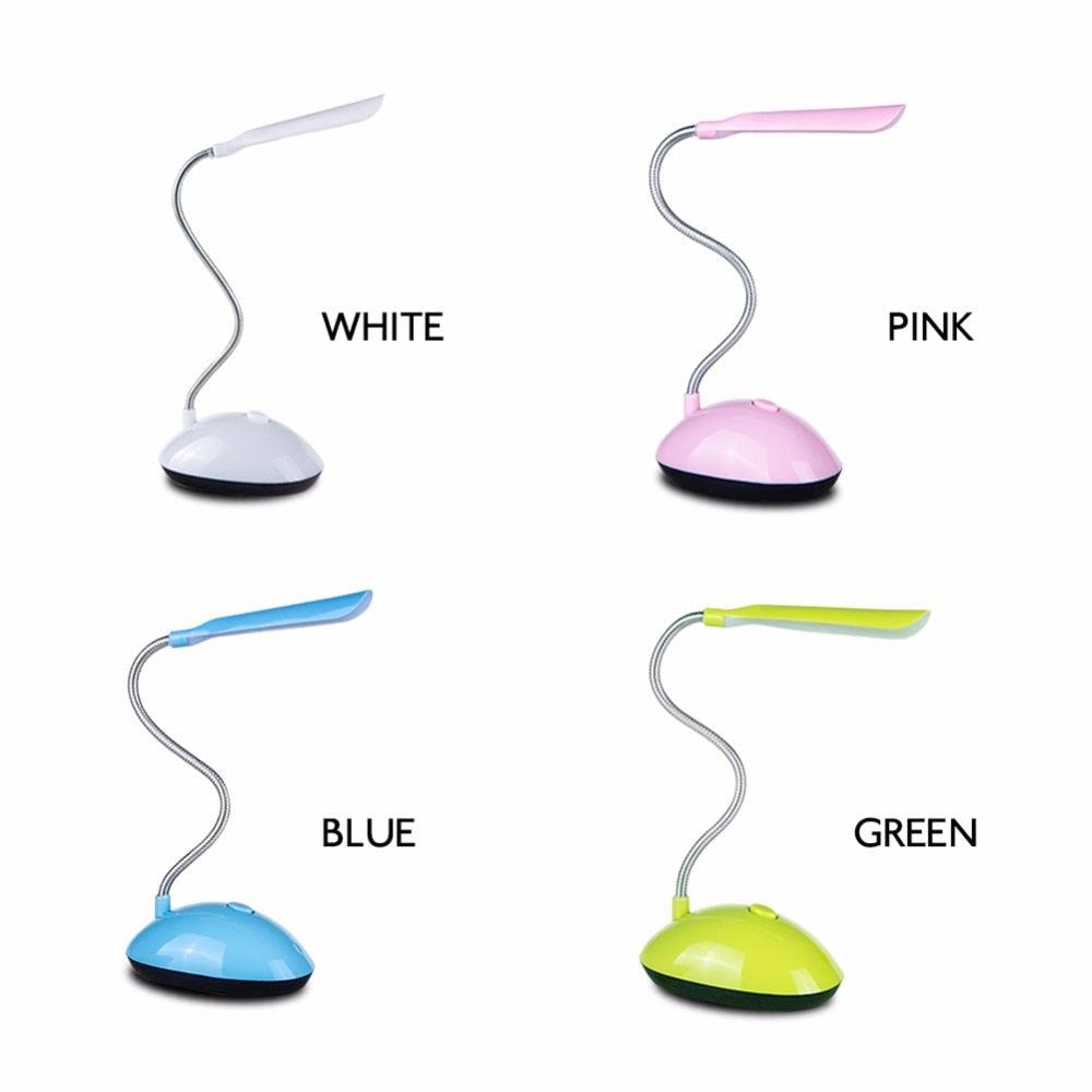 Minimalist LED study lamp in a solid color on a bedroom desk
