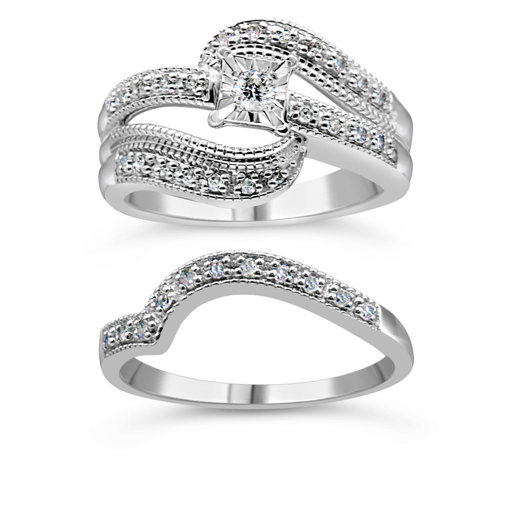 .925 Sterling Silver 1/3 Cttw Round Diamond Crisscross Engagement Ring Bridal Set (H-I Color, I1-I2 Clarity ) - Size 7
