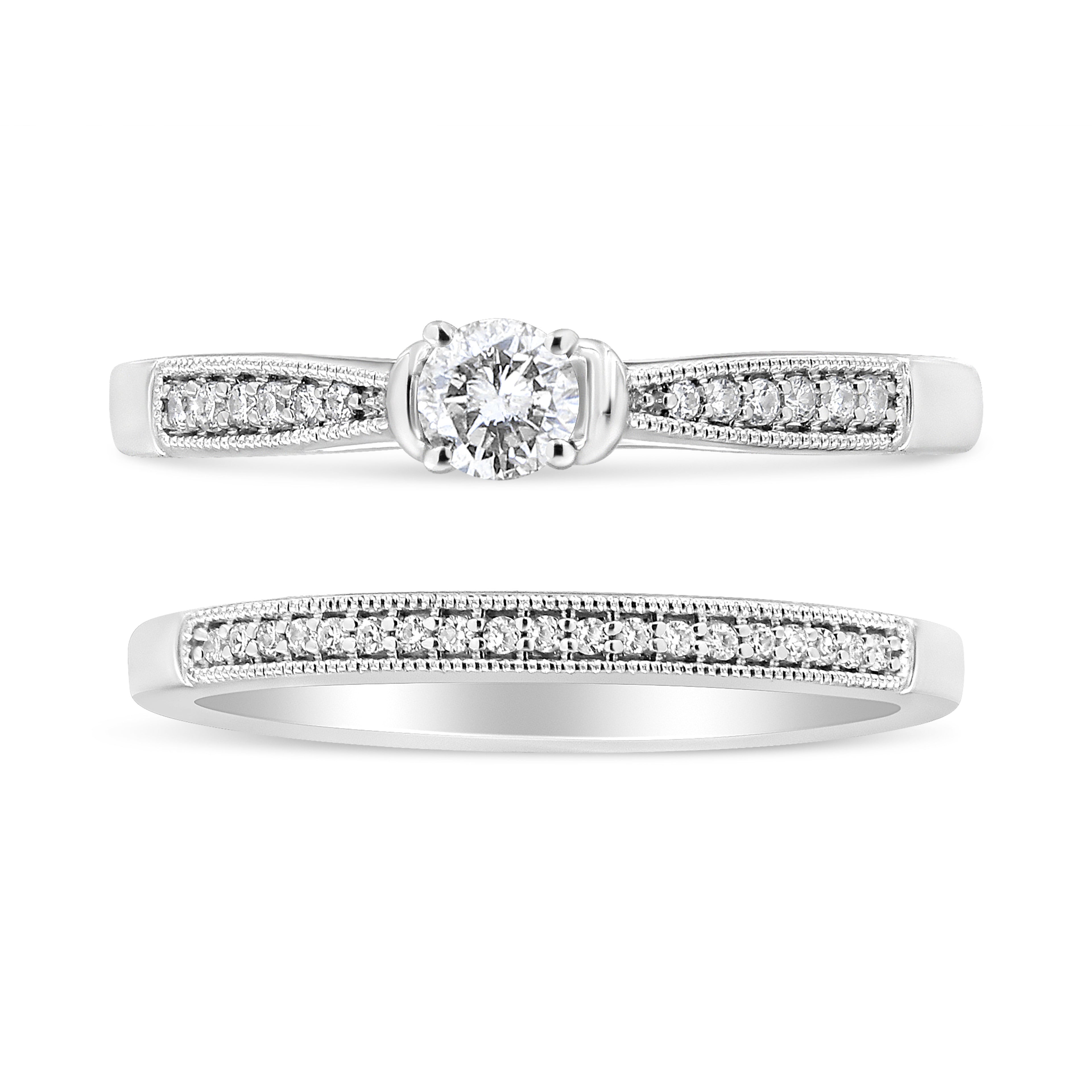 .925 Sterling Silver 1/3 Cttw Diamond Classic Engagement Ring Bridal Set with Milgrain (I-J Color, I3 Clarity) - Ring Size 7