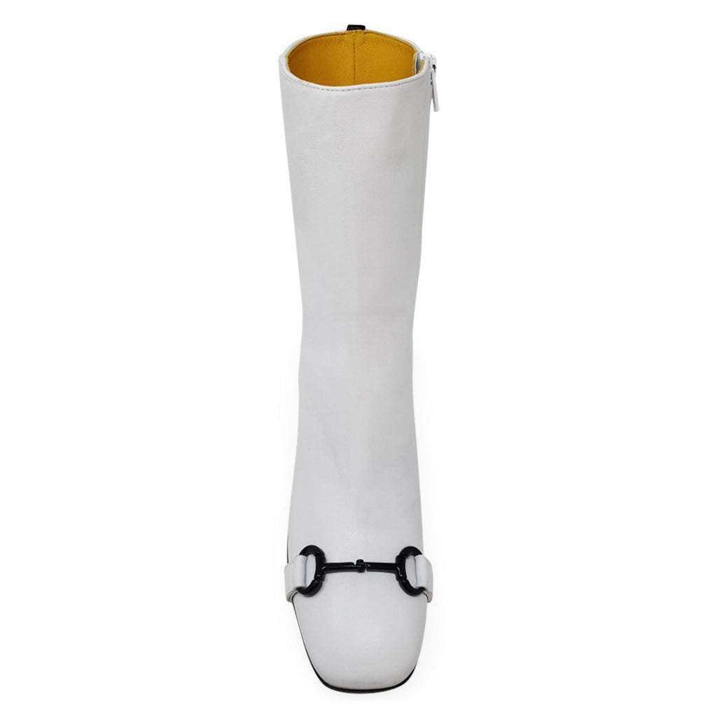 White Leather Back Stripe Block Heel Boots - Image 4