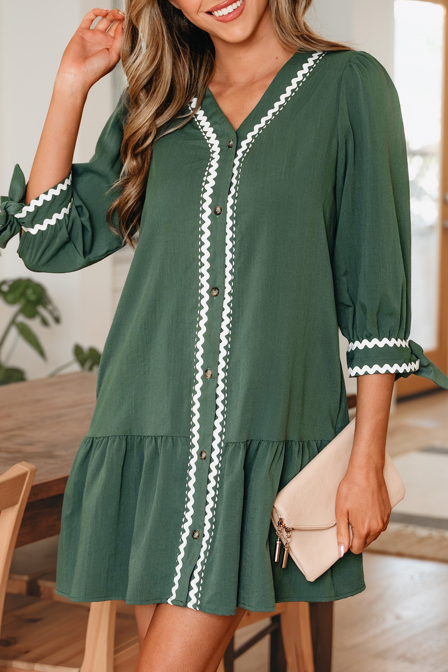 Xyla Bracelet Sleeve Shift Dress with Ricrac Trim and V-Neck