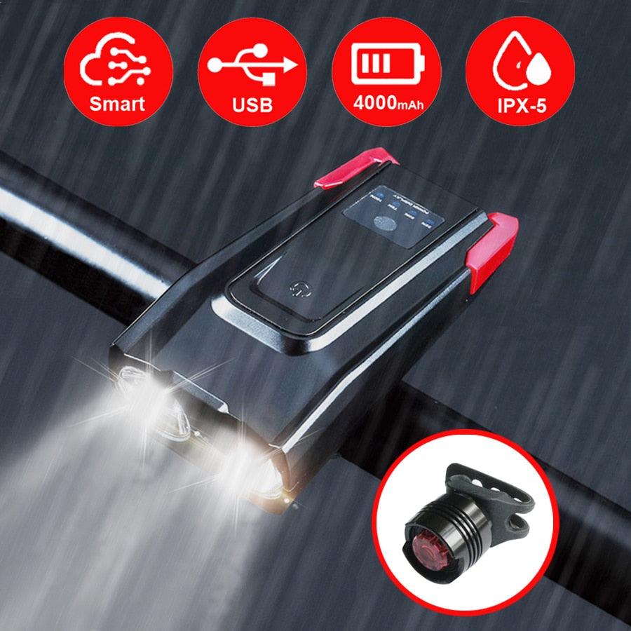800 lumen smart bike headlight with horn and rechargeable battery
