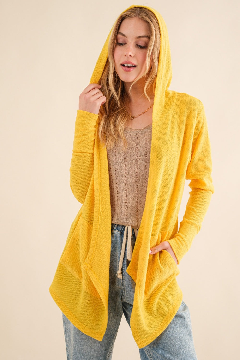 Yellow Thermal Hooded Open Front Cardigan with Pockets - Image 3