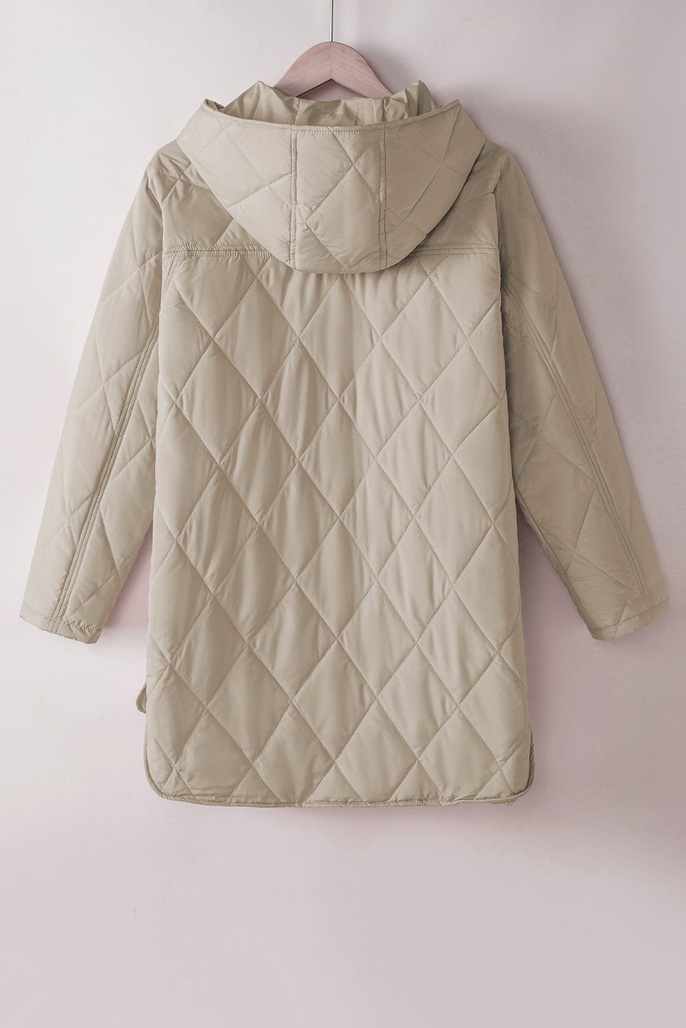 Women's Solid Quilted Snap Button Hooded Puffer Coat in Beige Khaki