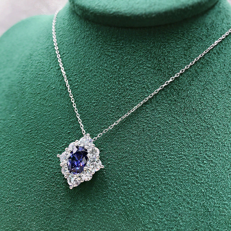 Sapphire Blue Zircon Flower Pendant Necklace For Women