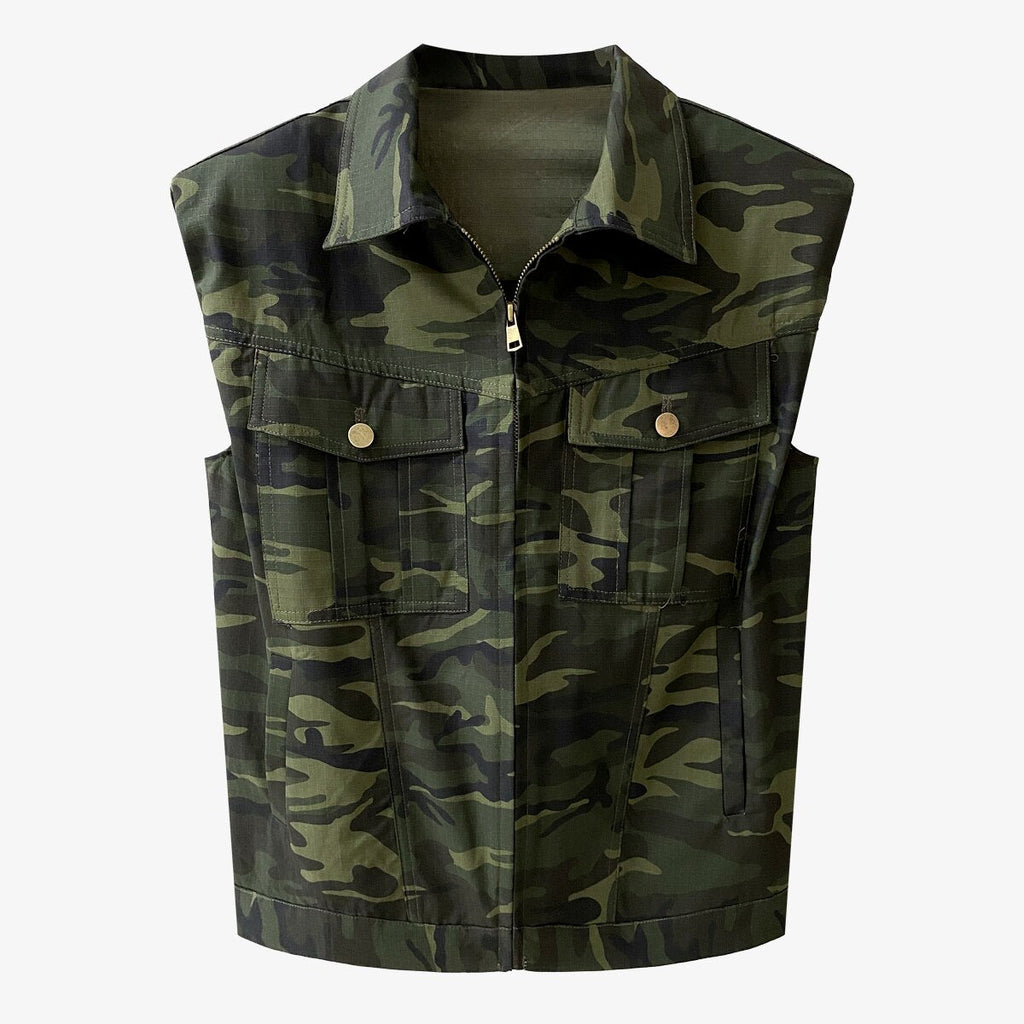 Women's camouflage denim vest with a zip-front closure, lapel collar, and multiple utility pockets, displayed on a white background.