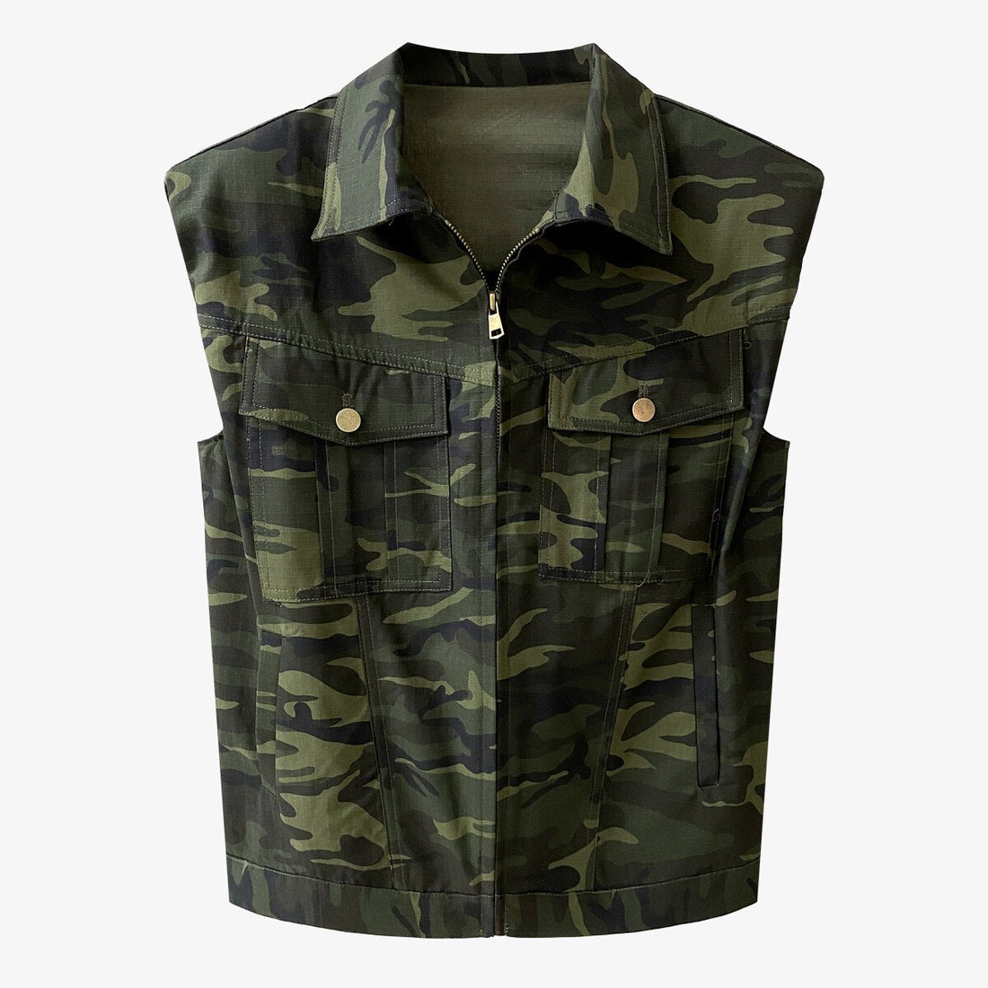 Women's camouflage denim vest with a zip-front closure, lapel collar, and multiple utility pockets, displayed on a white background.