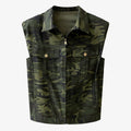 Women's camouflage denim vest with a zip-front closure, lapel collar, and multiple utility pockets, displayed on a white background.