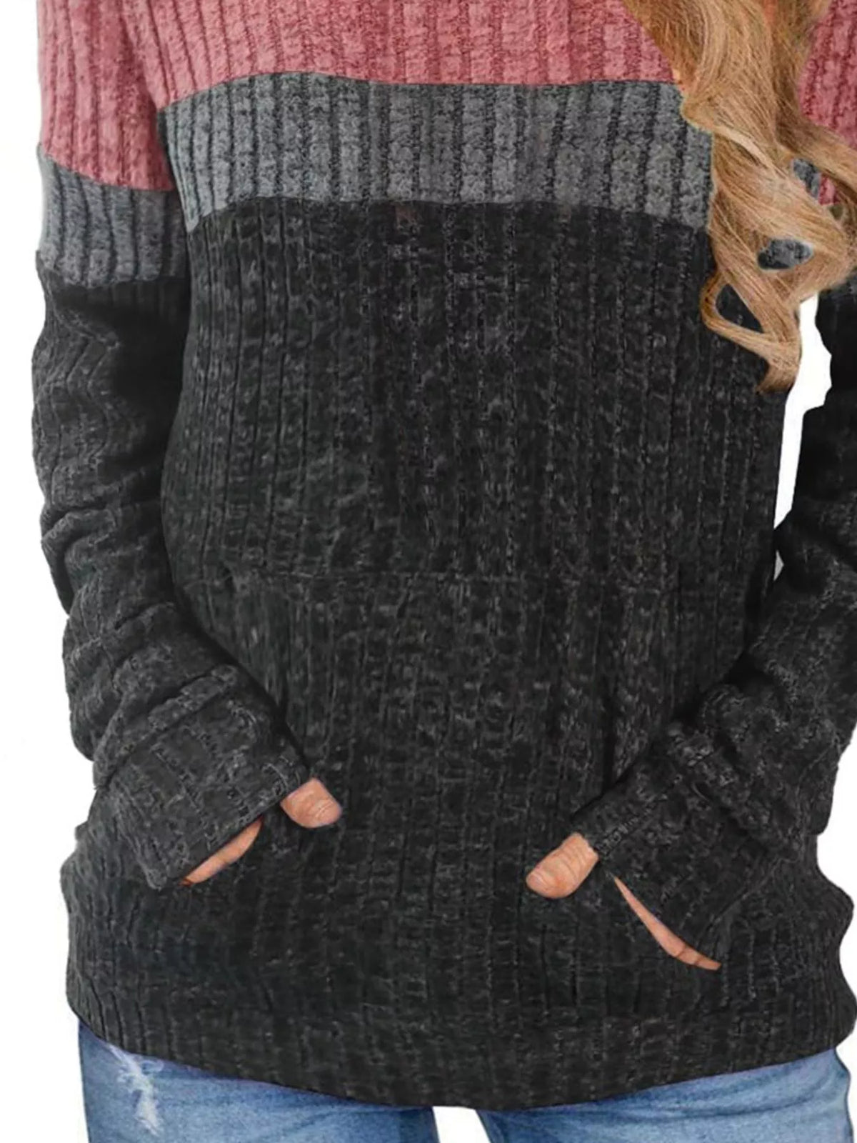 Full Size Color Block Ribbed Knit Hoodie Plus Size