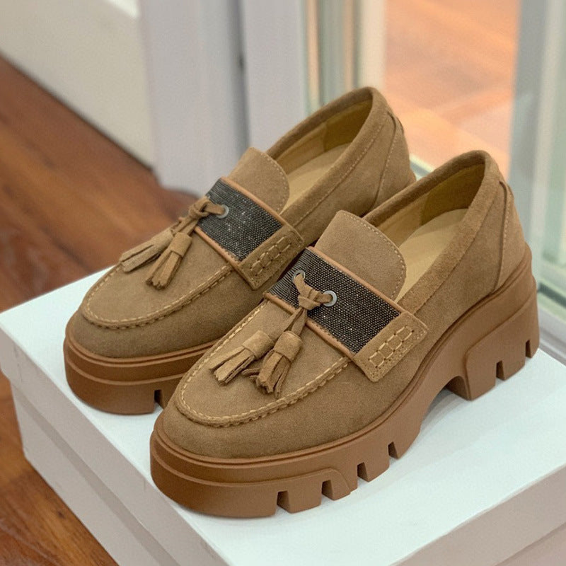 Harajuku Style Women's Suede Platform Slip-On Loafers with chunky soles and tassel details, available in light brown and light grey.