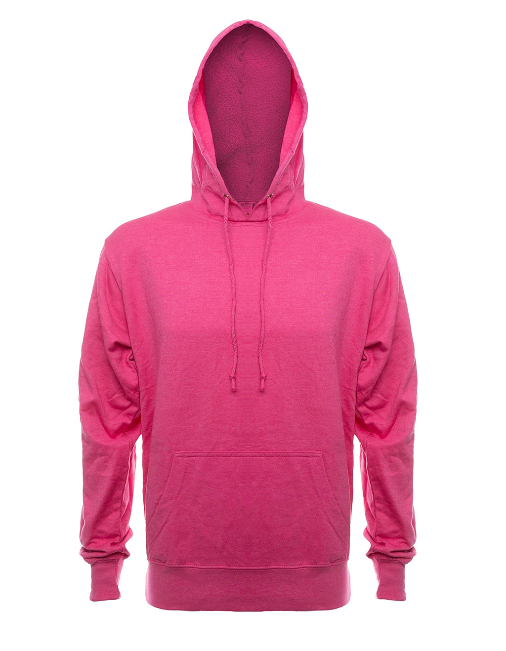 Front view of a plain French Terry pullover hoodie featuring a drawstring hood and kangaroo pocket.
