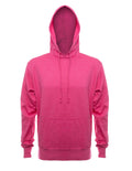 Front view of a plain French Terry pullover hoodie featuring a drawstring hood and kangaroo pocket.