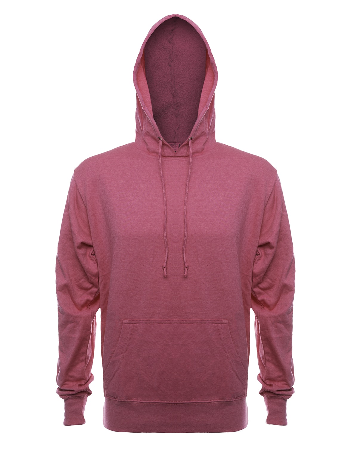 Front view of a plain French Terry pullover hoodie featuring a drawstring hood and kangaroo pocket.