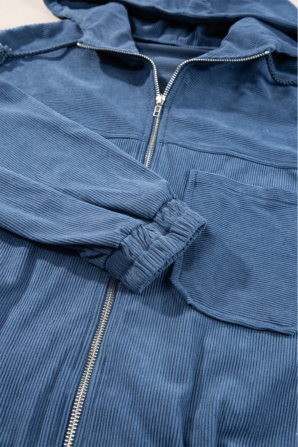 Women's Cream Corduroy Zip-Up Hooded Jacket with Pockets