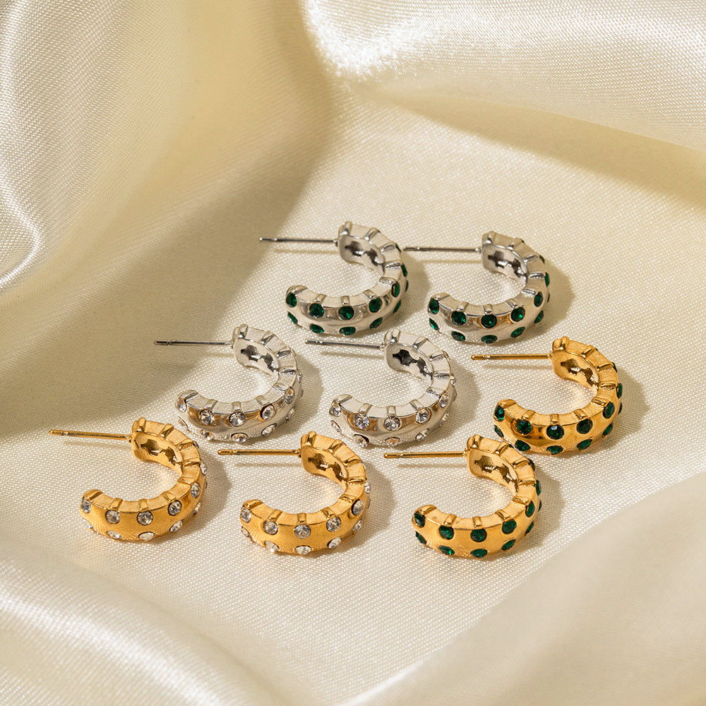 18K Gold Fashion Dazzling C Shape Inlaid Zircon Polished Earrings