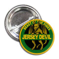 Jersey Devil Highway Sign Button accessory attached to a child's denim jacket