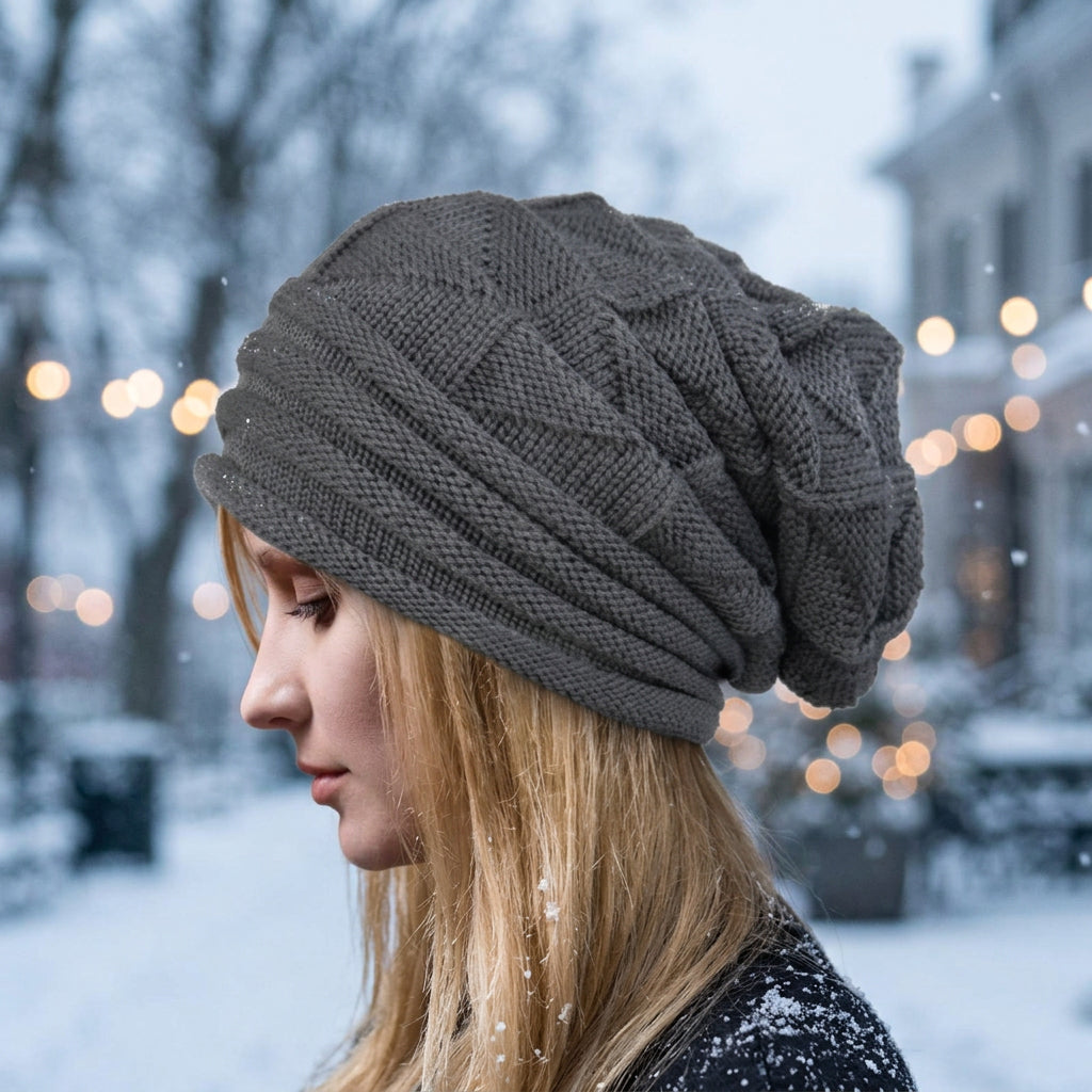 Wool Pleated Cuffed Knit Beanie – Flat Top Grid Pattern Winter Hat