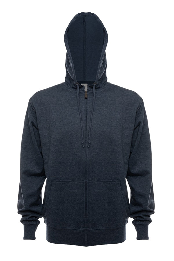 Close up front view of a grey French Terry zip up hoodie with a drawstring hood.
