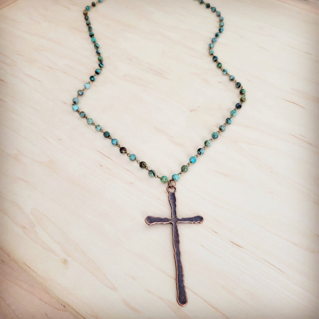 African Turquoise Beaded Necklace with Antique Copper Cross