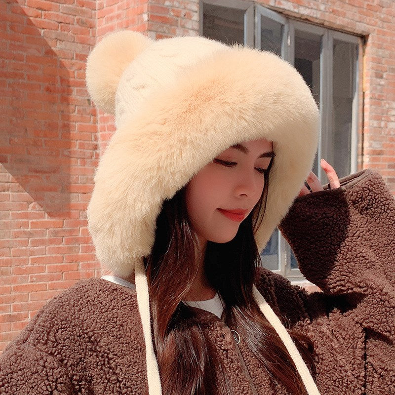 Houndstooth Pom-Pom Knit Beanie with Ear Straps – Warm Plush Winter Hat