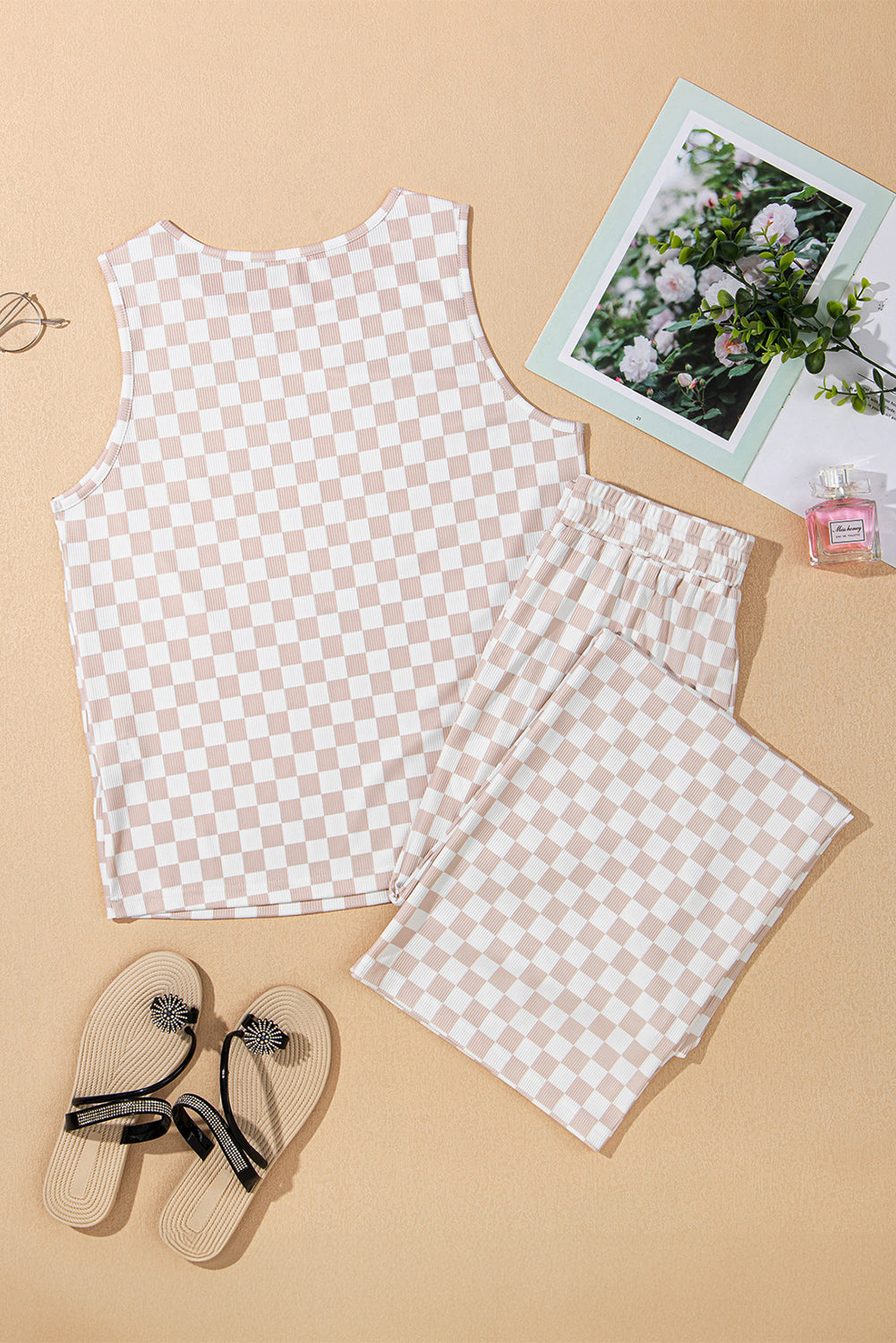 White Ribbed Tank and Wide Leg Checkered Print Lounge Set - Image 8