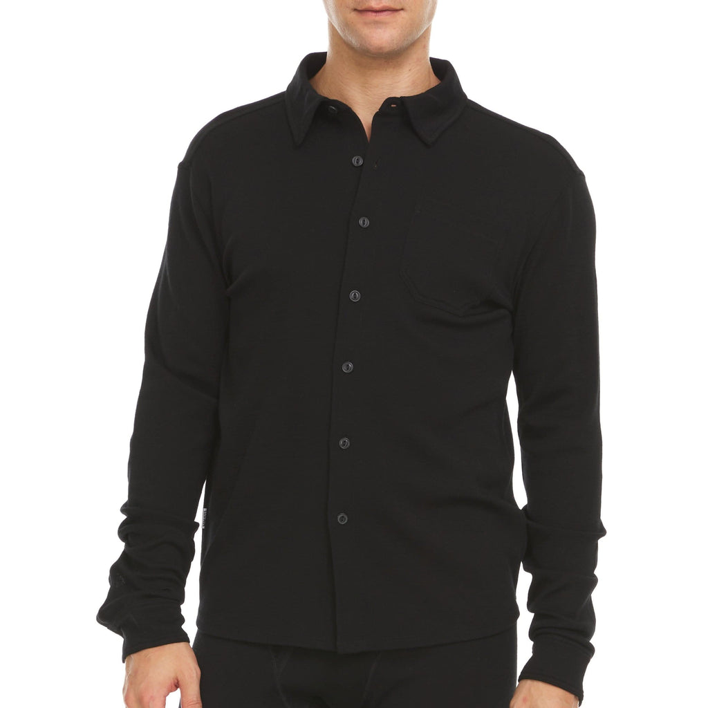 Men wearing a midweight 100% Merino wool button-down shirt with 4-way stretch fabric