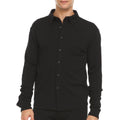 Men wearing a midweight 100% Merino wool button-down shirt with 4-way stretch fabric