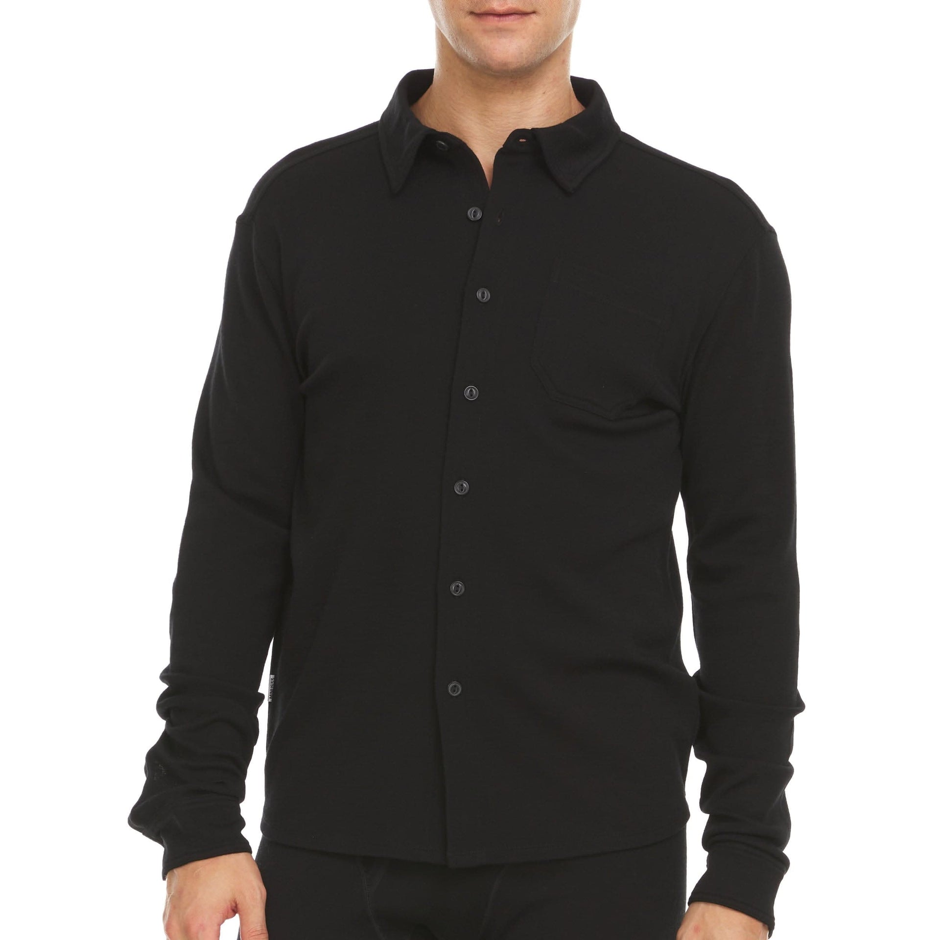 Men wearing a midweight 100% Merino wool button-down shirt with 4-way stretch fabric