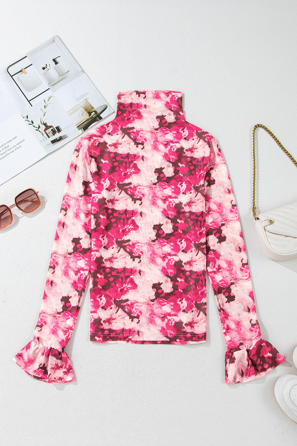 Floral Mesh Flounce Sleeve Mock Neck Blouse