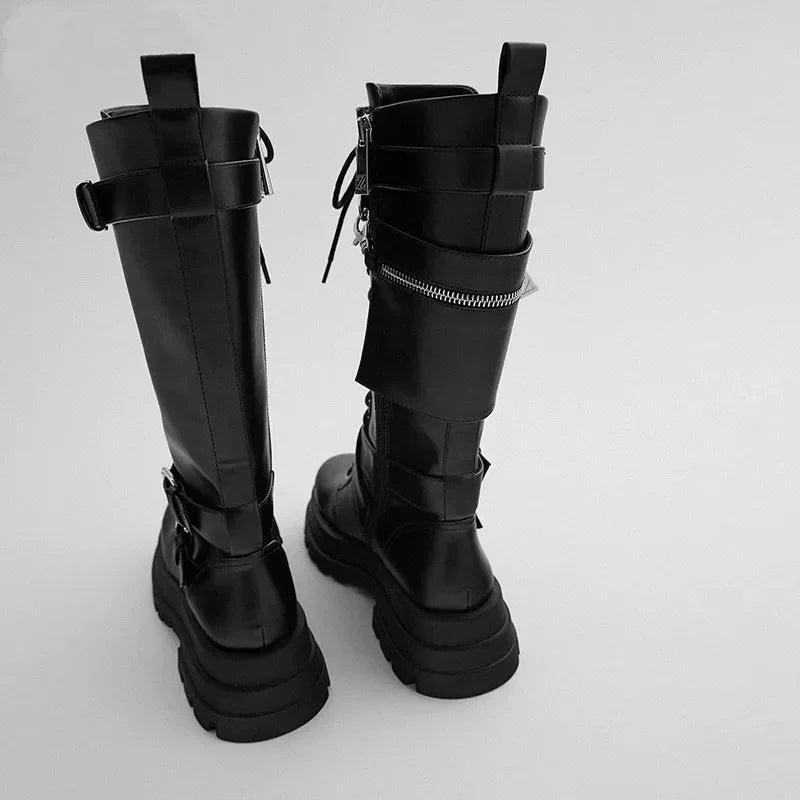 Women's Black Lace-Up Knee High Platform Motorcycle Boots with Chain - Image 3