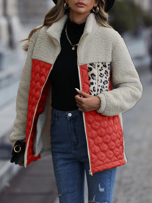 Women's Leopard Color Block Zip-Up Jacket