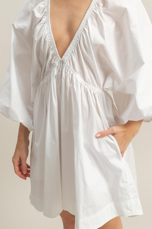 Plunge Balloon Sleeve Poplin Mini Dress with Pockets