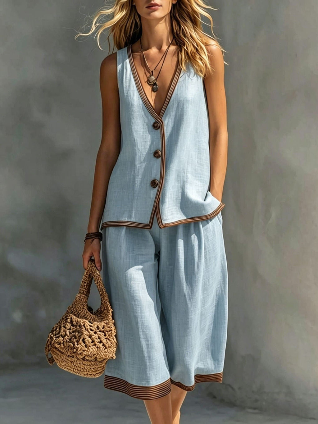 Women's Sleeveless Buttoned Vest and Shorts Two-Piece Linen Set