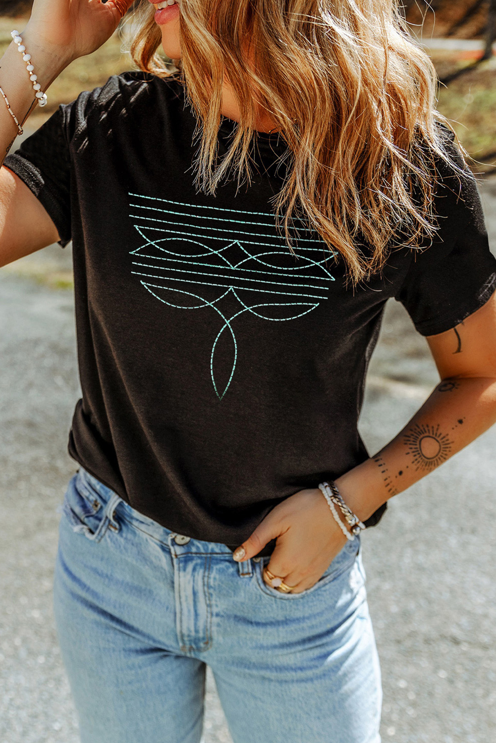 Black Western Geometric Embroidered T-Shirt