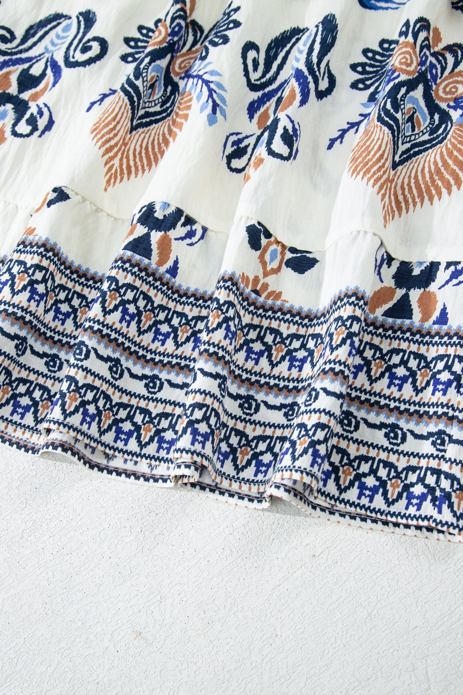 Kennedi Long Sleeve Split Neck Mini Dress in White Blue and Brown