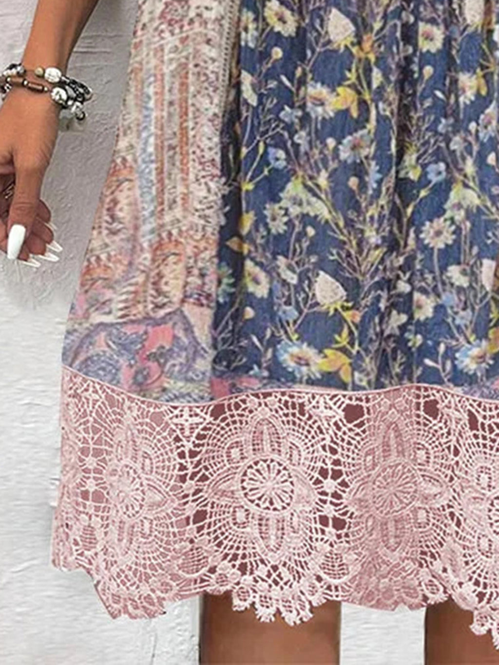 Lace Detail Midi Dress with Printed Sleeves in Blush Pink