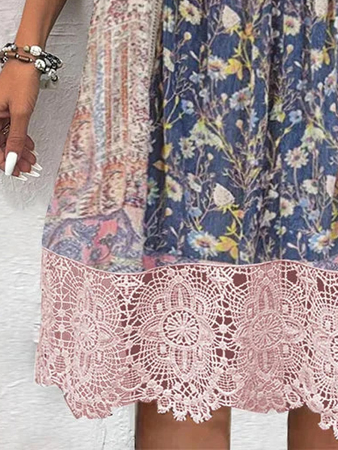 Lace Detail Midi Dress with Printed Sleeves in Blush Pink