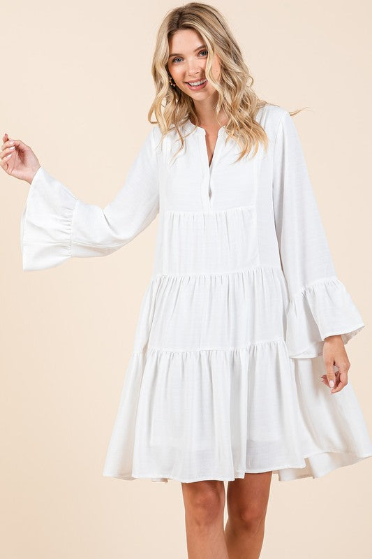 Tiered Notched Flare Sleeve Dress in White
