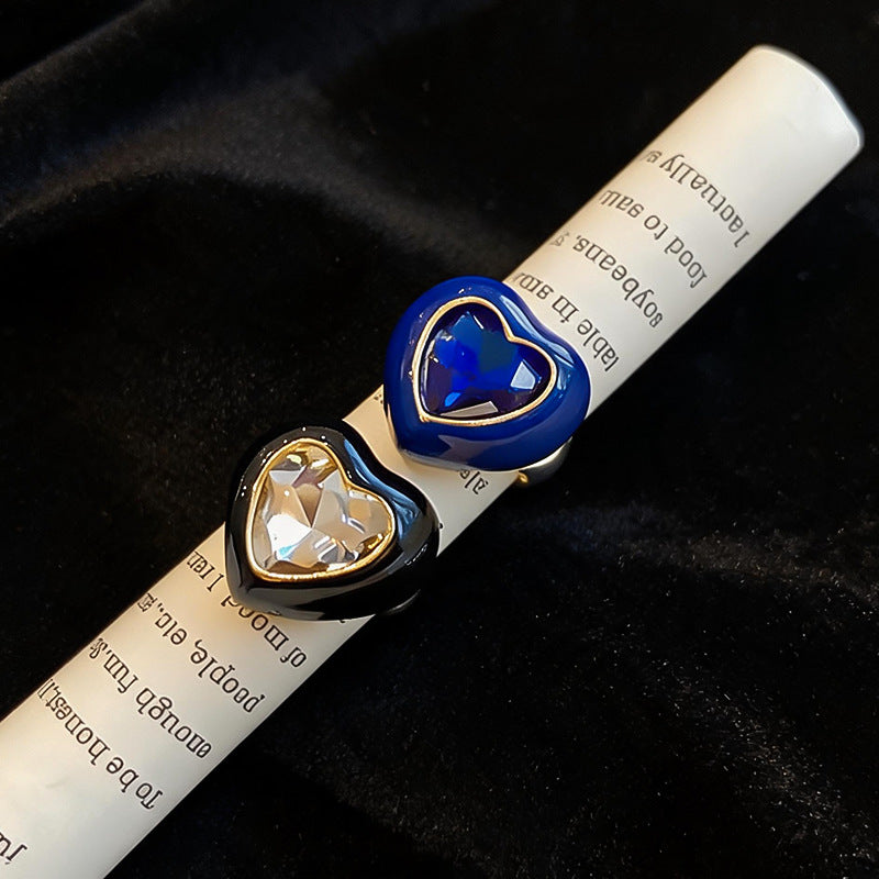 Women Heart Open Adjustable Ring,European American Enamel Inlaid Rhinestone Ring,Simple Elegant Niche Fashion Index Finger Hand Jewelry