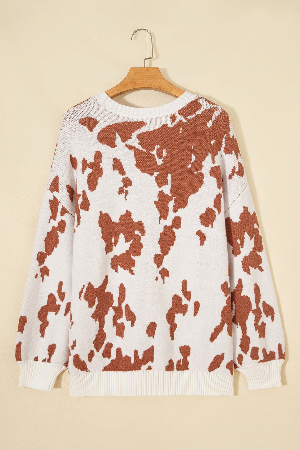 Abstract Cow Drop Shoulder Long Sleeve Sweater