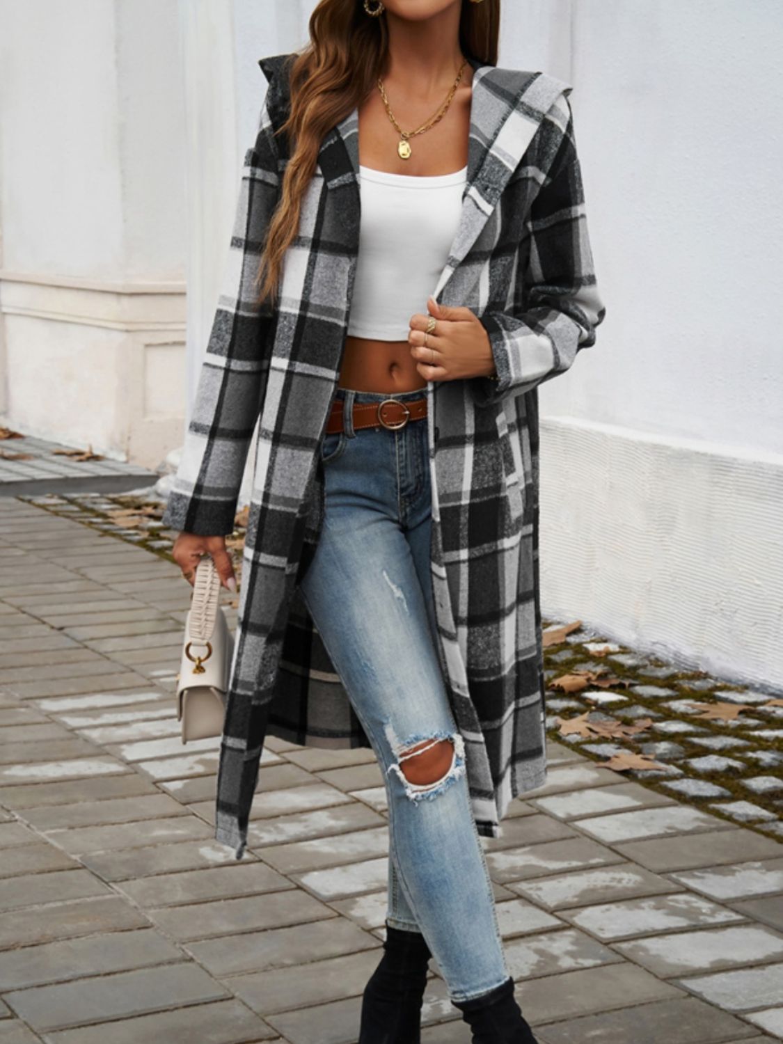 Women's Plaid Long Sleeve Hooded Coat in Brown and Green - Image 12