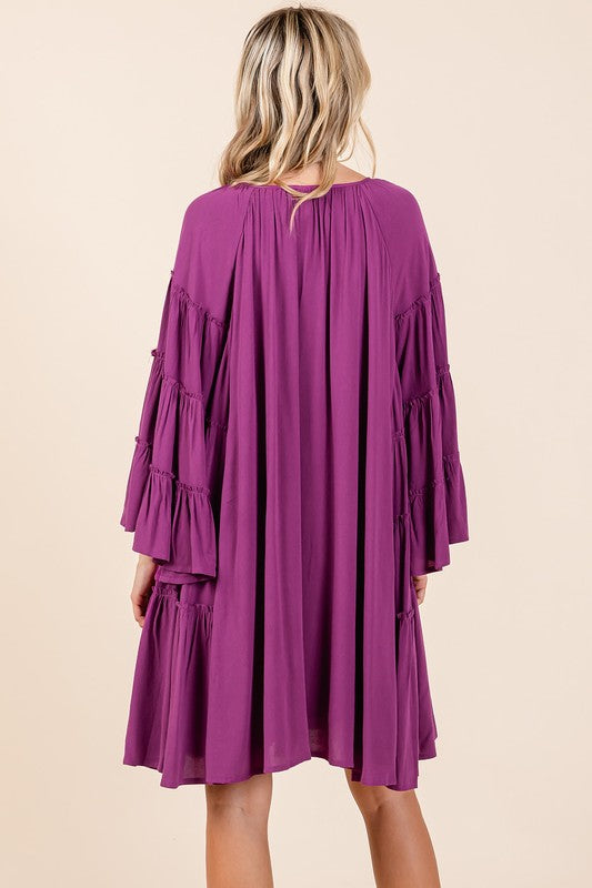 Frill Tie Neck Bell Sleeve Midi Dress for Women