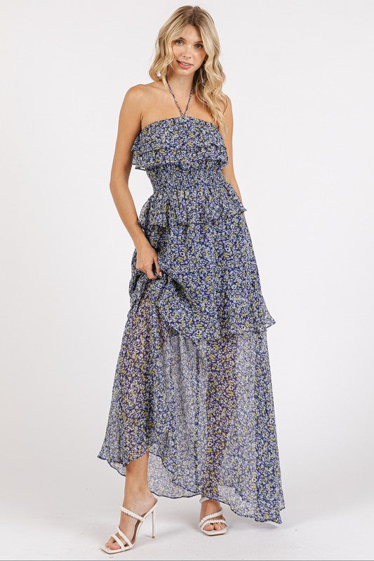 Ruffled Smocked Floral Halter Neck Maxi Dress For Summer – Feminine and Elegant Floral Maxi Dress with Smocked Waist