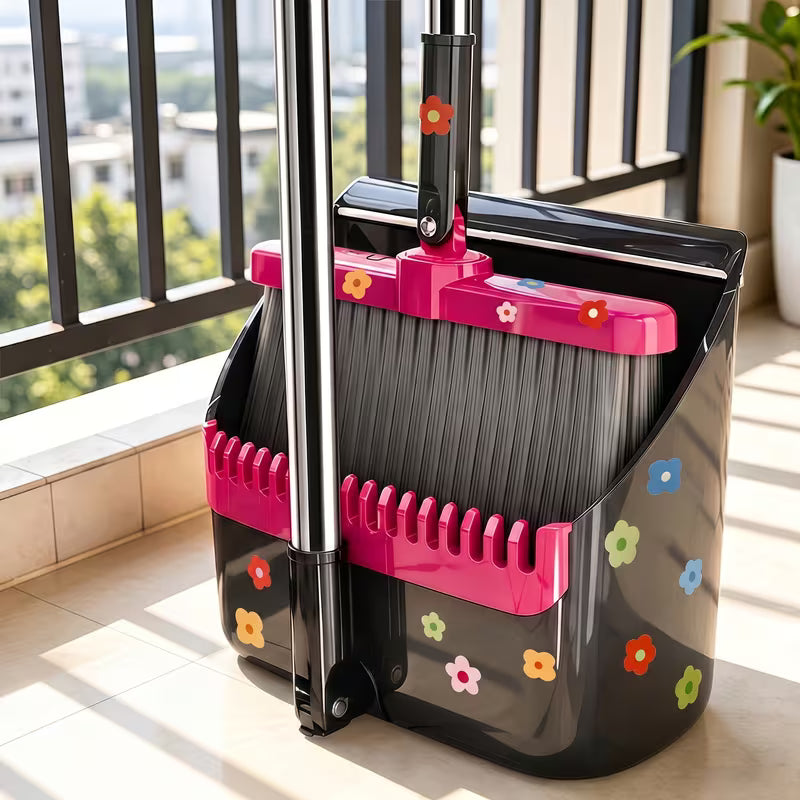 Upright Broom and Dustpan Set with Comb Teeth and Long Handle