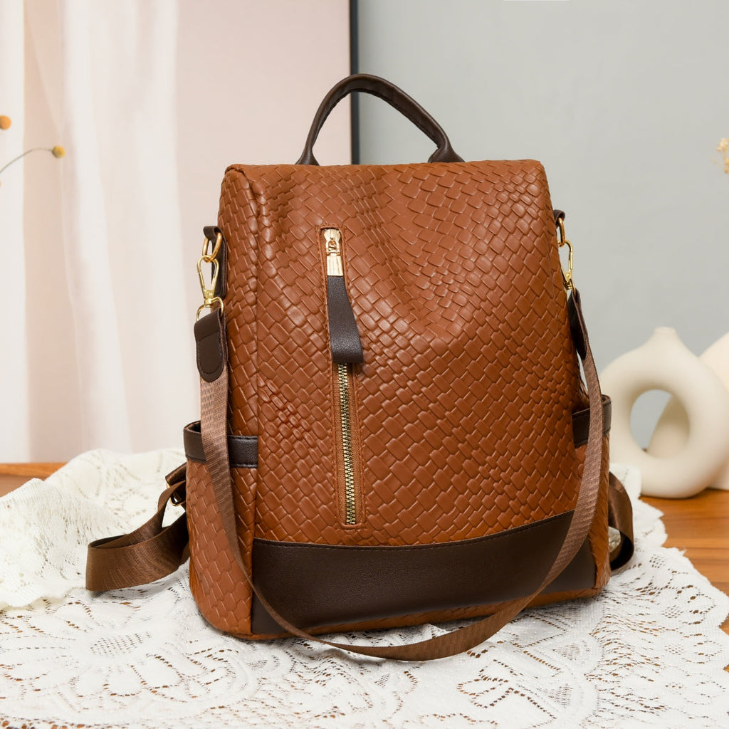 Woven Texture PU Leather Backpack Convertible Shoulder Bag