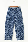 Blue Leopard Printed Drawstring Elastic Waistband Pocketed Wide Leg Jeans