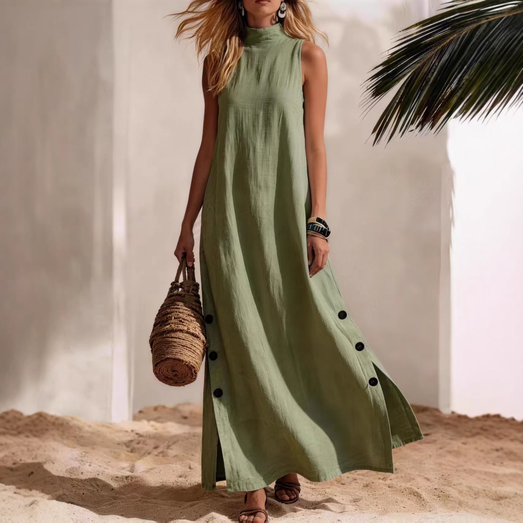 Cotton Linen Sleeveless Midi Dress with Side Slits – Loose Fit