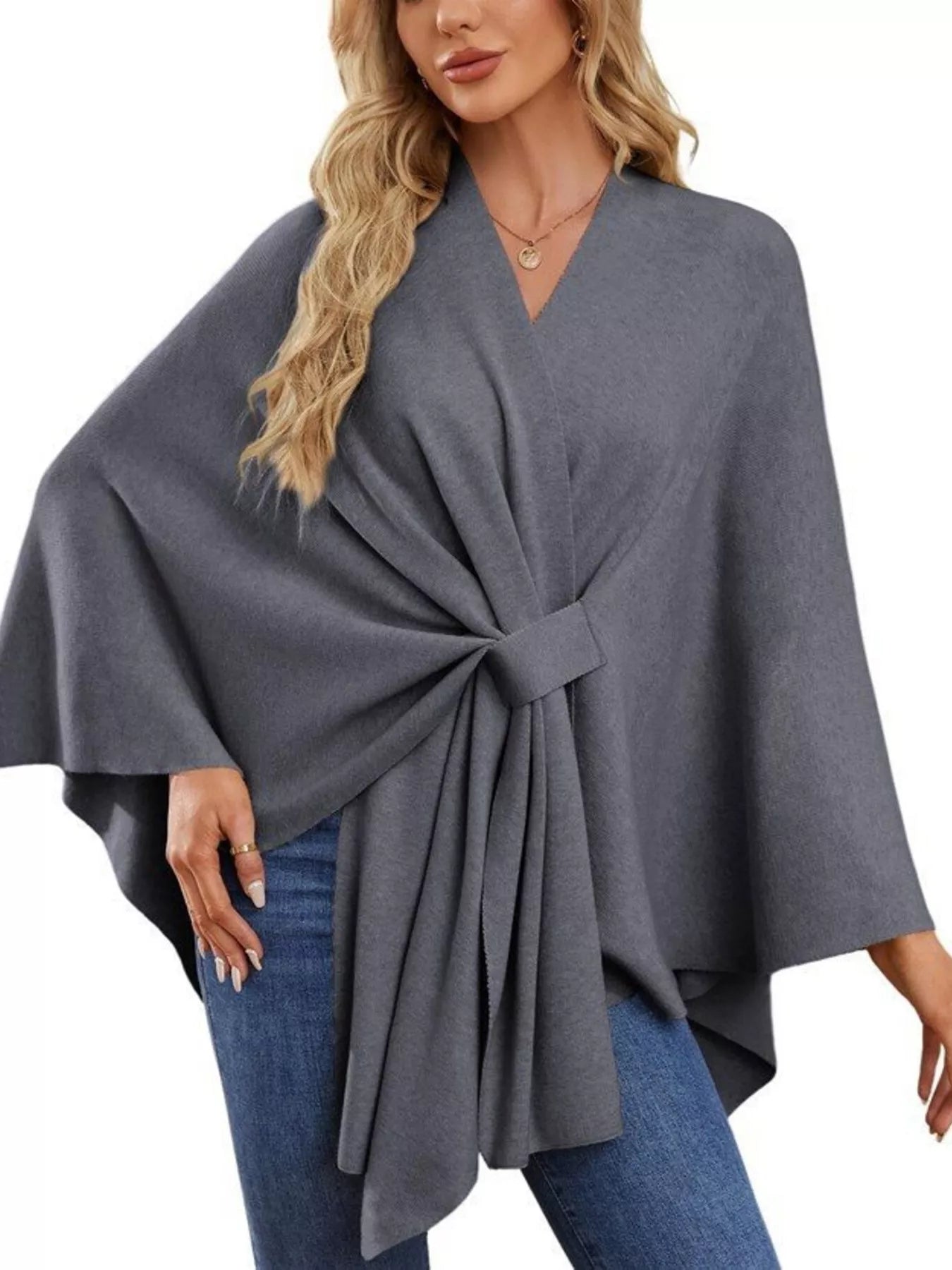 Solid Color Tie-Front Knit Cape Top